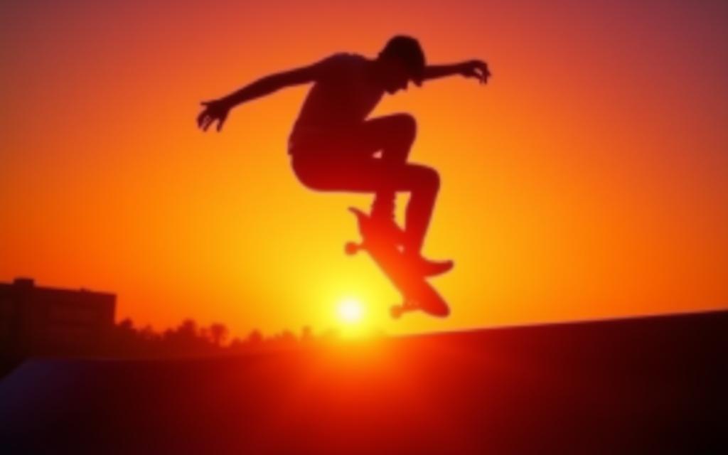 Skateboarder in action performing a trick at sunset, silhouetted against a vibrant sky